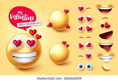 Emoji valentine creator vector set. Emojis 3d characters with face parts like hearts eyes and mouth editable for valentines emoticon facial expression creation kit design. Vector illustration.
