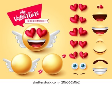 Emoji valentine creator vector set. 3d cupid emojis character kit with wings and editable face parts like hearts eyes and mouth for emoticon valentines facial expression design. Vector illustration.
