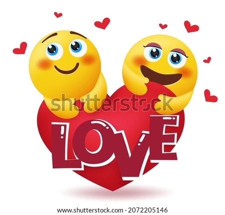 Emoji valentine vector concept design. Love text with emojis lovers character with cute and in love face expression for valentine's day couple emoticon. Vector illustration.
