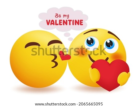 Emoji valentines couple vector concept design. Emojis 3d inlove characters with be my valentine speech bubble invitation for emoticons valentine's day lovers greeting. Vector illustration.
