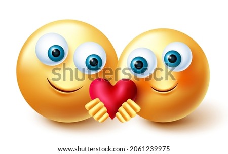 Emoji valentines couple vector design. Emojis 3d inlove character concept holding and sharing heart element for romantic love valentine emoticons character. Vector illustration.
