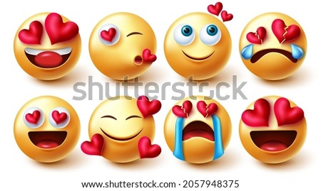 Emoji valentines in love vector set. Emoticons characters in yellow faces with hearts element in lovely and happy emotions and reaction for emojis character love collection design. Vector illustration
