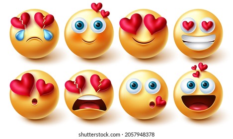 Emoji valentines vector set. Emojis characters in 3d inlove, blushing and happy emotions and reaction with hearts element for cute love faces graphic design and elements. Vector illustration.