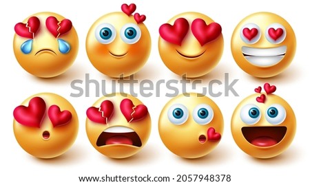 Emoji valentines vector set. Emojis characters in 3d inlove, blushing and happy emotions and reaction with hearts element for cute love faces graphic design and elements. Vector illustration.