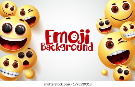 Emoji vector background design. Emoji faces emoticons with happy and funny facial expressions in white space background for text. Vector illustration.
