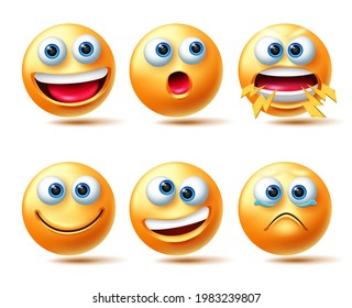 Emoji vector character set. 3d emoticon with smiling, shouting and teary eyed facial expressions isolated in white background for emojis design collection. Vector illustration
