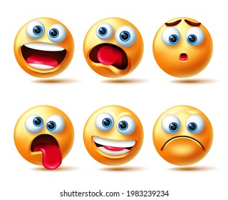 Emoji vector character set. Emojis 3d characters in happy, shocked and sad emotion isolated in white background for emoticons character design collection. Vector illustration