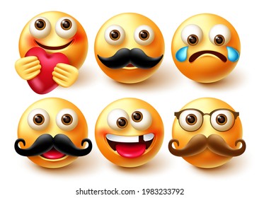 Emoji vector character set. Emoticon 3d characters in happy and crying emotion with elements like moustache and heart for emoticons design collection. Vector illustration