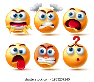 Emoji vector character set. Emoticon 3d  in angry and weird emotions like shouting, furious, shocked and confuse for emojis face icon collection design. Vector illustration