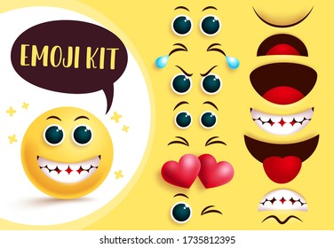 Emoji vector creation kit. Emoticon and emoji yellow face with editable eyes and mouth and happy facial expression for smile character creation. Vector illustration.