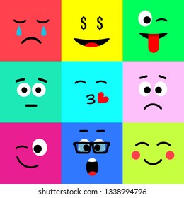 Emoji vector icon, expression: smile, cry, laugh, sad, funny, cute, happy, kiss. Vector illustration in flat, cartoon style. 