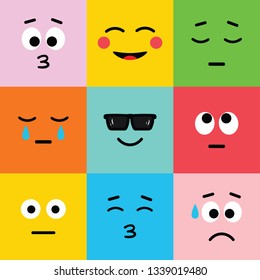 Emoji vector icon, expression: smile, cry, laugh, sad, funny, cute, happy, kiss, eye-rolling. Vector illustration in flat, cartoon style. 