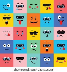 Emoji vector icon, expression: smile, cry, laugh, sad, funny, cute, happy, kiss. Vector illustration in flat, cartoon style. 
