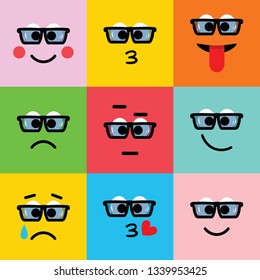 Emoji vector icon, expression: smile, cry, laugh, sad, funny, cute, happy, kiss. All faces with glasses. Vector illustration in flat, cartoon style. 