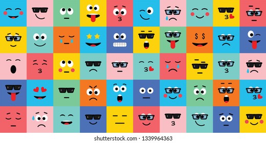 Emoji vector icon, expression: smile, cry, laugh, sad, funny, cute, happy, kiss. Vector illustration in flat, cartoon style. 