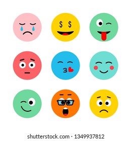 Emoji vector icon, expression: smile, cry, laugh, sad, funny, cute, happy, kiss. Vector illustration in flat, cartoon style. EPS10