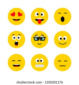 Emoji vector icon, expression: smile, cry, laugh, sad, funny, cute, happy, kiss. Vector illustration in flat, cartoon style. EPS10