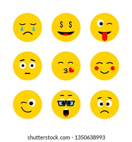 Emoji vector icon, expression: smile, cry, laugh, sad, funny, cute, happy, kiss. Vector illustration in flat, cartoon style. EPS10
