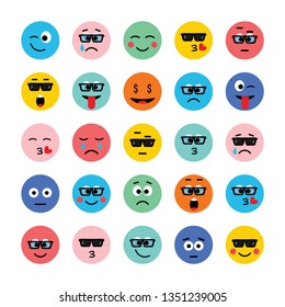 Emoji vector icon, expression: smile, cry, laugh, sad, funny, cute, happy, kiss. Vector illustration in flat, cartoon style. EPS10