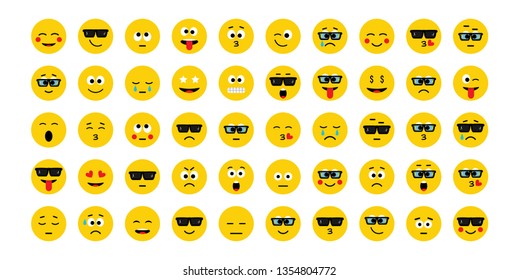 Emoji vector icon, expression: smile, cry, laugh, sad, funny, cute, happy, kiss. Vector illustration in flat, cartoon style. EPS10