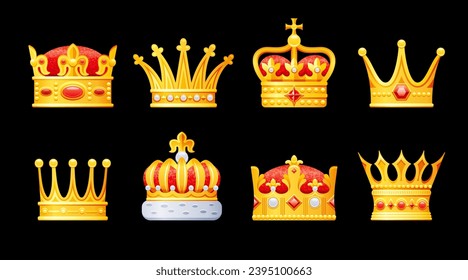 Сrown emoji. Vector icon. Flat king game trophy. 3d tournament badge. Gold king, queen, prince, princess crowns. Cartoon ui set. Golden medieval design. Imperial royal  achievement on black background