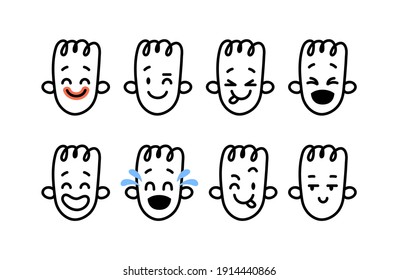 Emoji vector set. Collection of hand-drawn doodle faces of cheerful emotions. Black on the white illustration of cute people avatars isolated on white background.