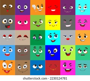 Emoji vector set. Cute cartoon emoticon showing bad and good opposite feelings illustration. Colorful communication speech bubbles square with kawaii face