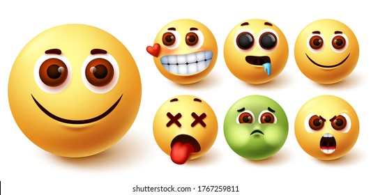 Emoji vector set. Emojis cute yellow face in happy, in love, hungry, tired, angry and vomit mood and feelings for character emoticon elements design. Vector illustration.
