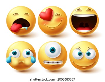 Emoji vector set. Emojis emoticon happy, cute, crying and cyclops eye yellow icon collection isolated in white background for graphic elements design. Vector illustration
