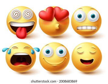 Emoji vector set. Emojis emoticon happy, in love and crying faces icon collection isolated in white background. Vector illustration
