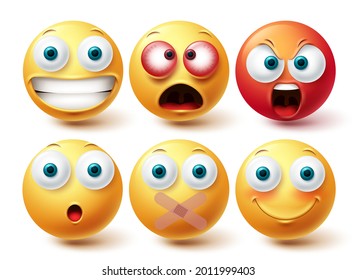 Emoji vector set. Emojis emoticon happy, angry and silent yellow and red icon collection isolated in white background for graphic design elements. Vector illustration
