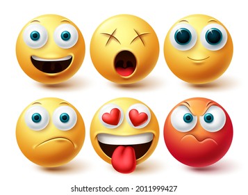 Emoji vector set. Emojis emoticon happy, angry, in love and dizzy icon collection isolated in white background for graphic design elements. Vector illustration
