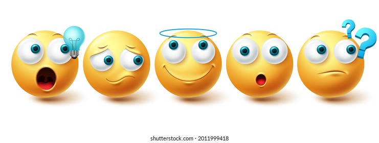 Emoji vector set. Emojis yellow emoticon happy, sad, angel and thinking face collection isolated in white background for graphic design elements. Vector illustration

