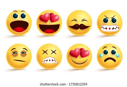 Emoji vector set. Yellow face emojis and emoticons with different facial expressions like sleepy, angry, crying and in love isolated in white background. Vector illustration.