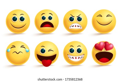 Emoji vector set. Emoji yellow face and emoticon with in love, angry, happy, and naughty cute facial expressions isolated for design element. Vector illustration.   