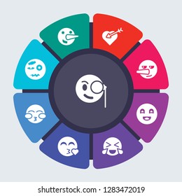 emoji vector template for infographics. Business concept with 9 options, steps, parts, segments. Banner infographic cycling diagram, round chart, Monocle emoji, Lying Love icons