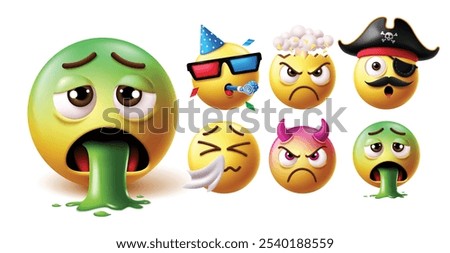 Emoji vomiting face character vector set. 3d emoticon characters in sick and disgust facial expression with birthday clown, angry, pirate, crying, devil and vomit yellow icon faces collection. Vector 