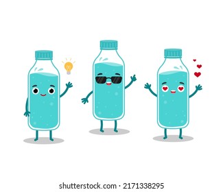 Emoji water bottle character group. Concept for healthy drinking water