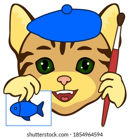 emoji with watercolor artist with his drawing of a fish painted with brush on a list of paper, simple hand drawn emoticon, cat character, simplistic facial expression