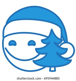 emoji wearing christmas winter hat and a toy pine tree, funny cartoon character with simplistic facial expression, simple hand drawn circle shaped emoticon, eps 10 vector illustration