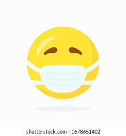 Emoji con máscara bucal. Emoticono amarillo con los ojos cerrados y una máscara quirúrgica blanca en la cara