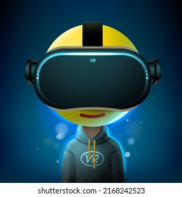 Emoji lleva un auricular virtual. En el mundo de la realidad virtual. Tecnología futura, ilustración vectorial