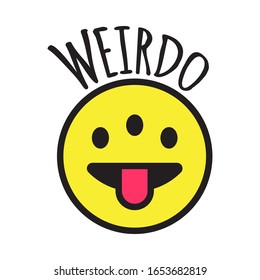 Emoji weird three eyed funny face. Weirdo smile, sticker or patch design vector illustration