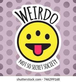 Emoji weird three eyed funny face. Weirdo smile, sticker or patch design vector illustration.