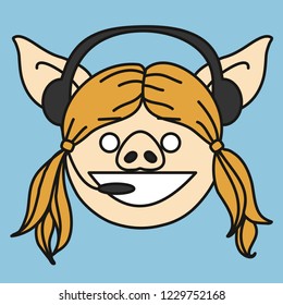emoji with white blonde customer support pig gal that is wearing a headset, smiling woman wearing headphones and a microphone answering the call of a client to solve technical issue