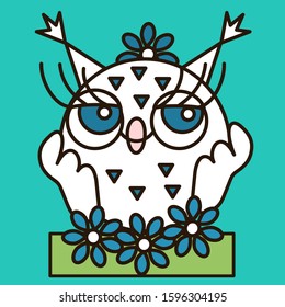 emoji with a white happy owl who dreams, simple hand drawn emoticon, simplistic colorful picture, vector art 