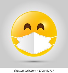 Emoji with white mouth mask. Yellow emoji icon on grey template. Vector illustration