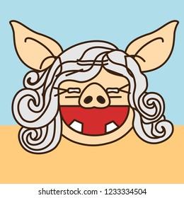 emoji with widely smiling happy and cheerful old peasant pig woman or grandmother with missing teeth, pale hair and squinted eyes, simple hand drawn emoticon, simplistic colorful picture