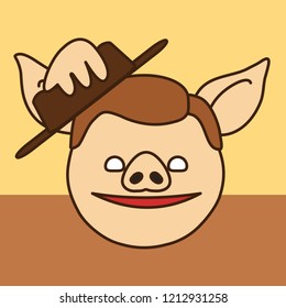 Emoji With Wild West Pig Guy That Is Taking Off Hat To Show Greeting Gesture, Tipping Hat Man, Simple Hand Drawn Emoticon, Simplistic Colorful Picture, Vector Art With Pig-like Characters