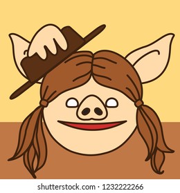 Emoji With Wild West Pig Woman With Pigtails Who Is Taking Off Hat To Show Greeting Gesture, Tipping Hat Female, Simple Hand Drawn Emoticon, Simplistic Colorful Picture, Eps 10 Vector Clip Art